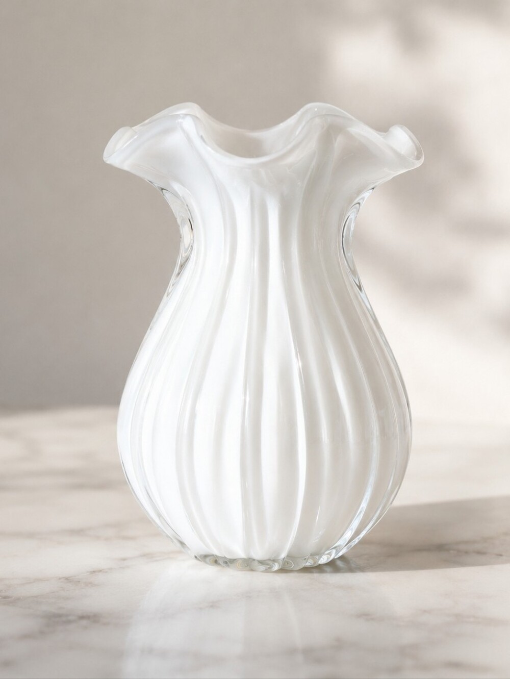 Vintage White Cased Opalescent Art Glass Ribbed Ruffled Vase